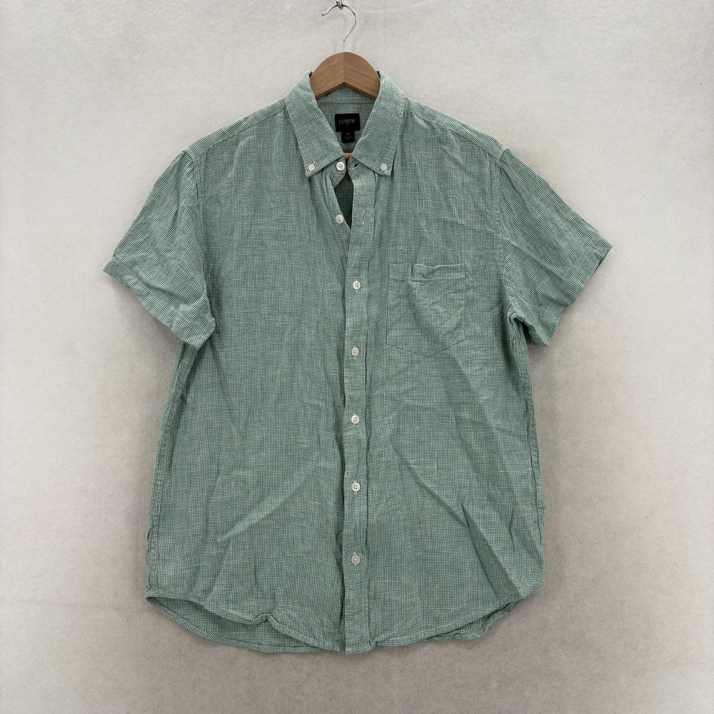 J.Crew Shirt Mens Medium Green Check Short Sleeve Linen Cotton Button Down Camp